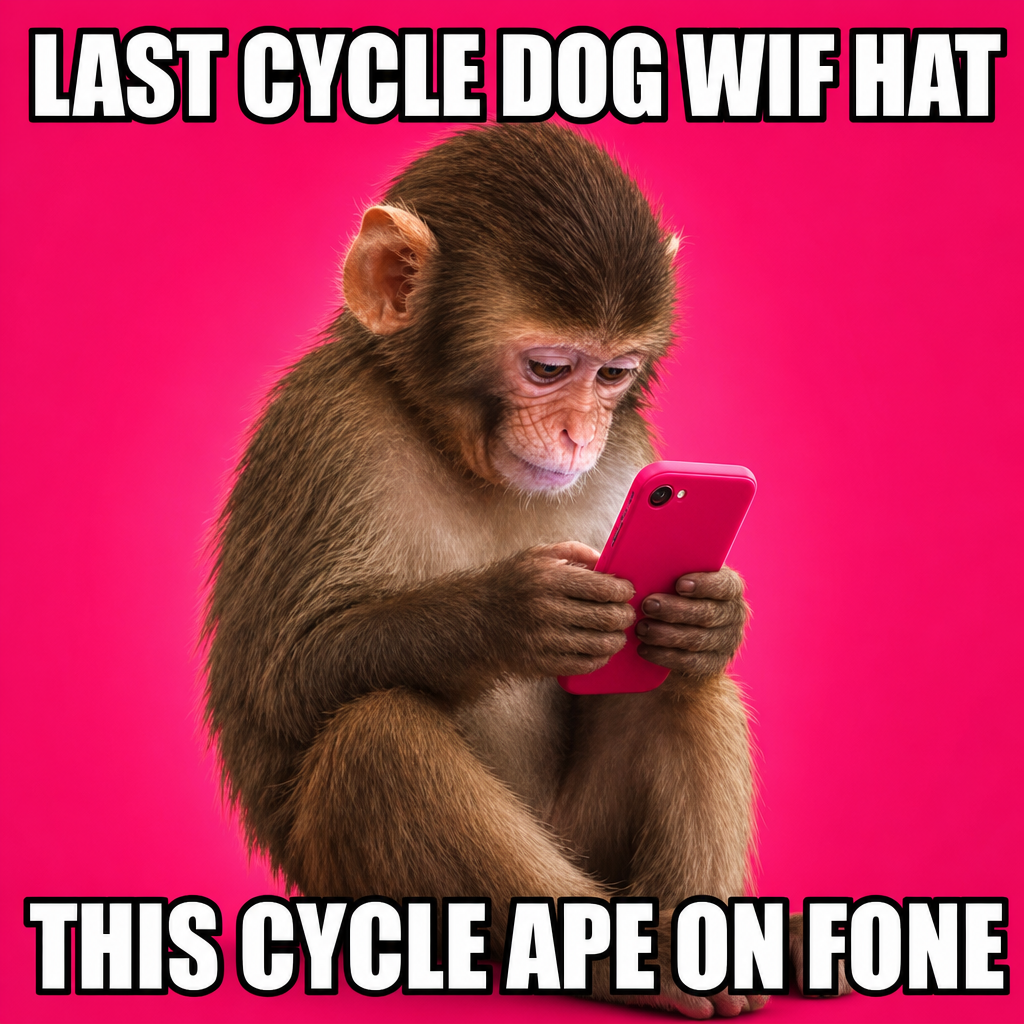 pinkapeonfone meme — last cycle dog wif hat, this cycle ape on fone